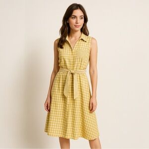 Vintage Style Yellow Gold Gingham Sleeveless Midi Dress w/ Belt | Size Small